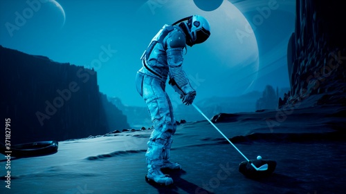 Fotografía An astronaut explorer is playing Golf on a beautiful alien planet