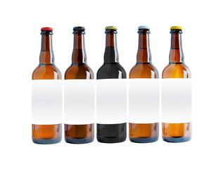 Five Big Beer Bottles Mock-Up with different caps. Blank Label on white background