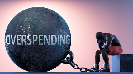 Wall Mural - Overspending as a heavy weight in life - symbolized by a person in chains attached to a prisoner ball to show that Overspending can cause suffering, 3d illustration