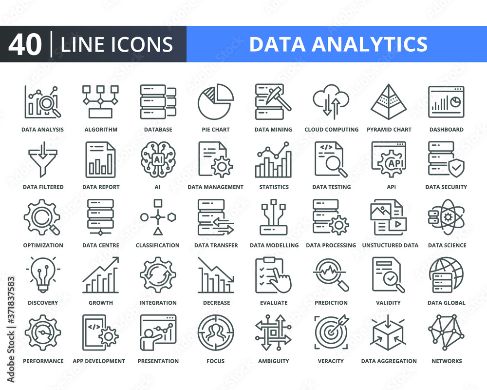 Data Analysis Vector Line Icons Pack. Related Of Diagram, Analytics, Statistics, Charts, Big Data, Processing. Simple Thin Lines Quality Icon For Web Elements - obrazy, fototapety, plakaty 