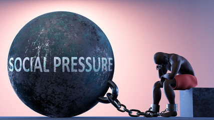 Wall Mural - Social pressure as a heavy weight in life - symbolized by a person in chains attached to a prisoner ball to show that Social pressure can cause suffering, 3d illustration