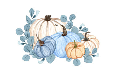 Wall Mural - Watercolor pumpkin composition, floral pumpkins, Halloween clip art, autumn design elements, fall arrangement of blue and white pumpkins. Harvest illustration isolated on white background