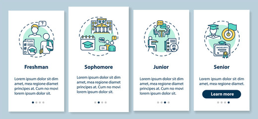 Class year onboarding mobile app page screen with concepts. College education walkthrough 4 steps graphic instructions. High school pupil UI vector template with RGB color illustrations