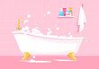 Pink bathroom semi flat vector illustration. Bath tub with bubbles. Bathtub with soap foam for daily hygiene. Feminine room interior with tile 2D cartoon background for commercial use