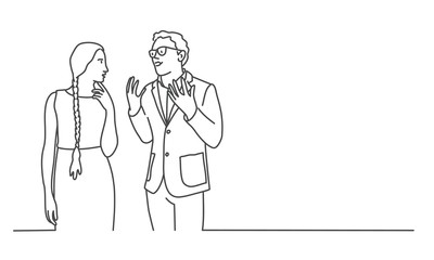 Wall Mural - Line drawing vector illustration of young talking man and woman.