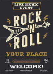 Wall Mural - Rock music vector flyer, live event poster background template with guitar. Rock N Roll background. Vector design illustration