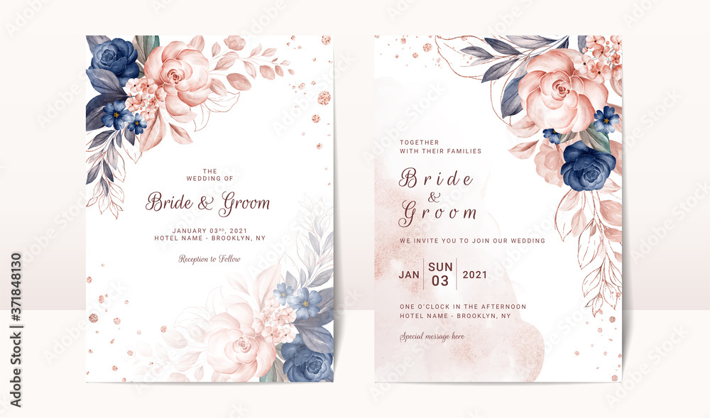 Floral wedding invitation template set with navy and peach watercolor ...