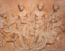 Ancient Funerary Stele From Kerameikos In Athens, Greece Depicting Man And Woman Sit Faced Each Other And Tree More Figures, Two Men And A Women Stand In Background