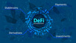 Defi - decentralized finance in a digital circle on dark blue abstract polygonal background. An ecosystem of financial applications and services based on public blockchains. Vector EPS 10.