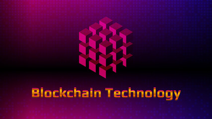 Golden lettering Blockchain technology with digital cube on beautiful purple background. Futuristic template for digital technologies. Design element. Layout for banner or website. EPS10 vector.
