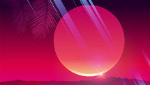 Retrowave Mountain Space Scene With Big Sunset And Light Effects, Neon Glow Gradient Background Template, Aesthetic Feeling