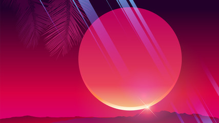 Wall Mural - Retrowave mountain space scene with big sunset and light effects, neon glow gradient background template, aesthetic feeling