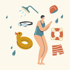 Training, Learning to Swim, Sport Concept. Swimming Class with Swimmer Woman in Pool. Female Character Stand at Poolside