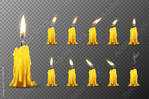 Cuadros en Lienzo Vector 3d Realistic Orange Paraffin or Wax Burning Candles with Different Flame Icon Set Closeup Isolated on Transparent Background
