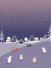 Vector Winter landscape,Cute winter wonderland at countryside with snow falling, polar bear playing ice skates in  park,Kawaii Children greeting card for Christmas holiday or can use for mobile screen