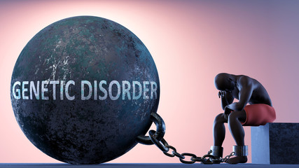 Wall Mural - Genetic disorder as a heavy weight in life - symbolized by a person in chains attached to a prisoner ball to show that Genetic disorder can cause suffering, 3d illustration