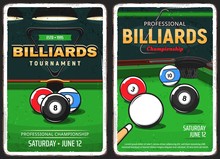 Billiards Pool Game, Snooker Championship And Tournament Vector Retro Vintage Posters. Poolroom Billiards And Pool Snooker, Sport Game Cues, 8 Eight Ball And Triangle Rack On Green Table