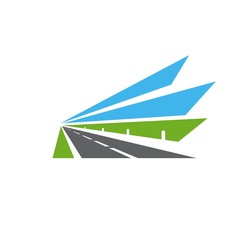 highway vector icon, road, isolated pathway with safety barrier, green field and blue sky. speedway 