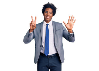 Handsome african american man with afro hair wearing business jacket showing and pointing up with fingers number seven while smiling confident and happy.