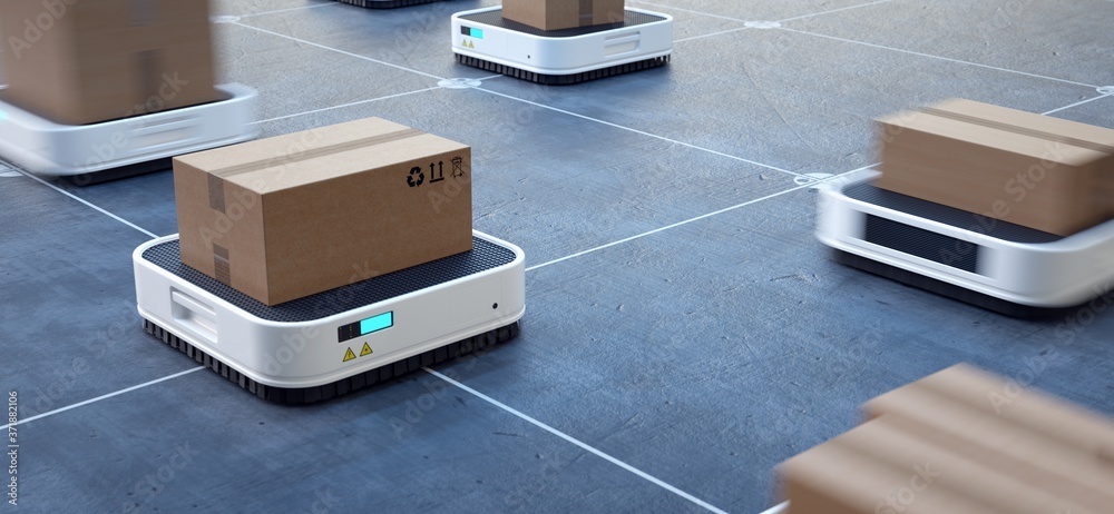 Automated logistics center. Robotized order picking. Stock Photo ...