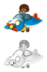 Wall Mural - cartoon scene with sketch with kid in toy traditional plane with propeller flying - illustration