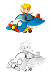 Wall Mural - cartoon scene with sketch with kid in toy traditional plane with propeller flying - illustration