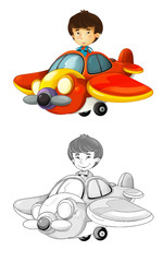 Wall Mural - cartoon scene with sketch with kid in toy traditional plane with propeller flying - illustration