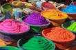 Hampi, India- January 1, 2019: Aromatic powder of different colors are sold during Hindu festival of Holi in Hampi, India
