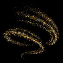 Golden Shimmering Swirl, Vortex Or Spiral. Isolated Abstract Motion On Black Background. Glittering Star Dust Trail. Magic Sparkling Lines