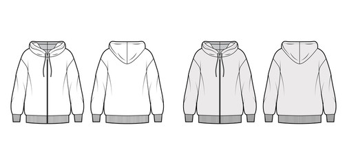 Canvas Print - Zip-up oversized cotton-fleece hoodie technical fashion illustration with relaxed fit, long sleeves. Flat jumper apparel template front, back, white, grey color. Women, men, unisex sweatshirt top CAD