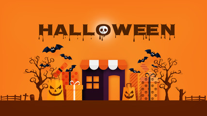 Aufkleber - Happy Halloween banner or sale background paper cut style.Spooky online store with gift box and shopping bag.Vector illustration.