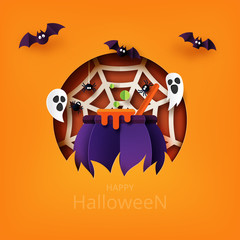 Aufkleber - Happy Halloween banner background template paper art style.Witcher cauldron with flying bat,ghost and spider web.Vector illustration.