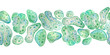 Seamless horizontal border of unicellular green blue algae chlorella spirulina with large cells single-cells with lipid droplets. Watercolor illustration of macro zoom microorganism bacteria for