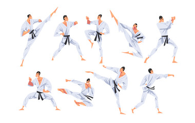 Canvas Print - Man Doing Karate in Various Poses Set, Male Fighter Character in White Kimono Practicing Traditional Japan Martial Art Cartoon Style Vector Illustration