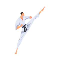 Wall Mural - Man Karateka Doing High Leg Kick, Male Karate Fighter Character in White Kimono Practicing Traditional Japan Martial Art Cartoon Style Vector Illustration