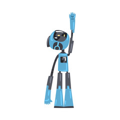 Wall Mural - Friendly Robot Looking Up Raising its Hand, Cute Personal Robotic Assistant Character, Artificial Intelligence Concept Cartoon Style Vector Illustration