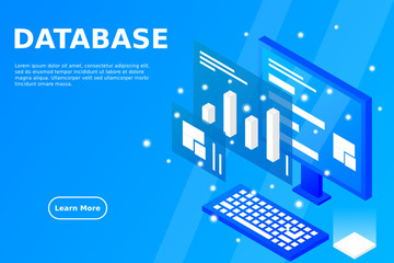 Poster - Data analysis in isometric vector design. Technician in datacenter or data center room background. Network mainframe infrastructure website layout. Computer storage or farming workstation.