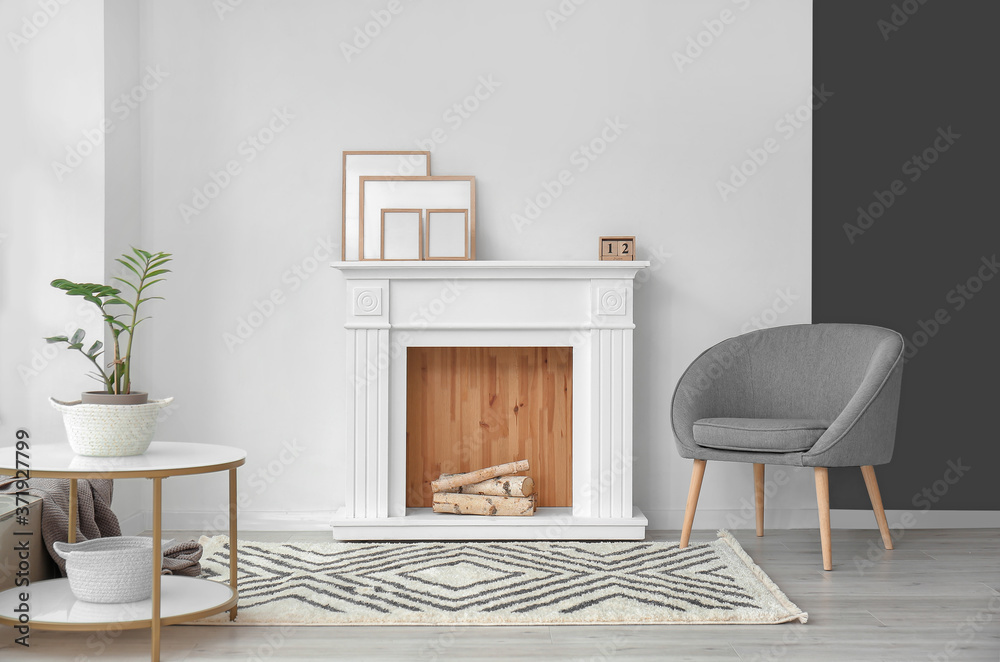 Interior of modern room with fireplace