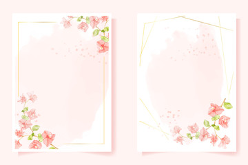 Wall Mural - watercolor pink Bougainvillea with golden frame for wedding or birthday invitation card 5x7 template collection