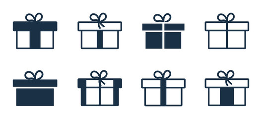 Poster - Gift icon. Box of present with bow. Outline package for birthday, christmas. Wrapped parcel with ribbon in line style for surprise. Symbol of giftbox for holiday, xmas decoration, shopping. Vector