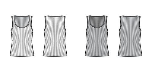 Ribbed cotton-jersey tank technical fashion illustration with wide scoop neck, relax fit knit, tunic length. Flat outwear camisole template front back white grey color. Women men unisex shirt top CAD