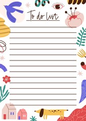 Poster - Childish appointment to do list vector flat illustration. Colorful decorated modern planner or notebook page template with place for text. Doodle abstract animal, house, blot, bird and plant sheet