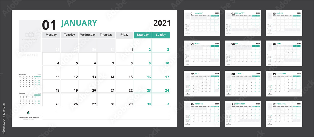 2021 calendar planner set for template corporate design week start on Monday. - obrazy, fototapety, plakaty 
