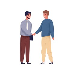 Poster - IT specialist and businessman meet and shake hands. Scene of hiring an employee for office job, successful investment, agreement or sponsorship. Flat vector cartoon illustration isolated on white