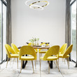 Luxury modern dinning room interior background for mockup with bright yellow chairs, table with dishes, panoramic windows and white empty wall on background, dinning room interior mockup, 3d rendering