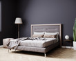 Modern bedroom interior  mockup  with bed, lamp, pouf, dark purple wall and wooden floor, bedroom interior background, 3d rendering