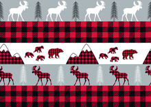 Buffalo Plaid Seamless Pattern. She-bear With Cubs, Mountains, Fir-trees And Moose On A Striped And Checkered Background. Forest Vector Illustration.