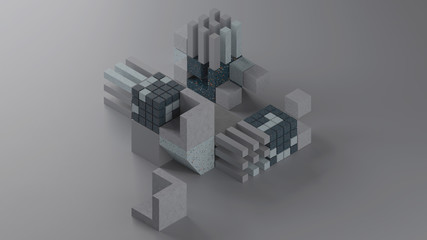 Fototapete - 3d abstract geometric composition with a lot of difference geometric shapes. Minimal.  Blue orange terrazzo textures.