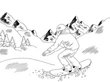 Snowboarder Riding Downhill At The Mountains Graphic Black White Landscape Sketch Illustration Vector