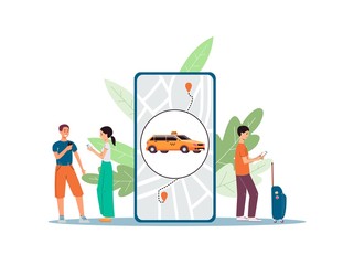 Wall Mural - Online taxi ordering app on phone and passengers flat vector illustration isolated.